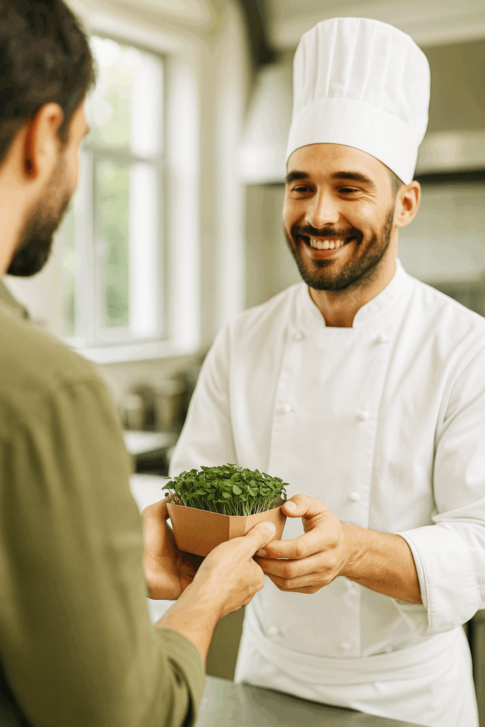 Szef kuchni odbiera świeże mikrolistki od Farma Zeleneckich